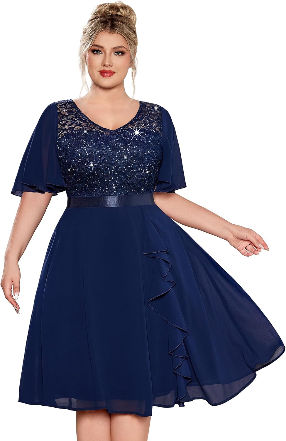 MISSMAY Women's Plus Size V-Neck Sequin Floral Lace Ruffle Style Cocktail Dress for Wedding Guest