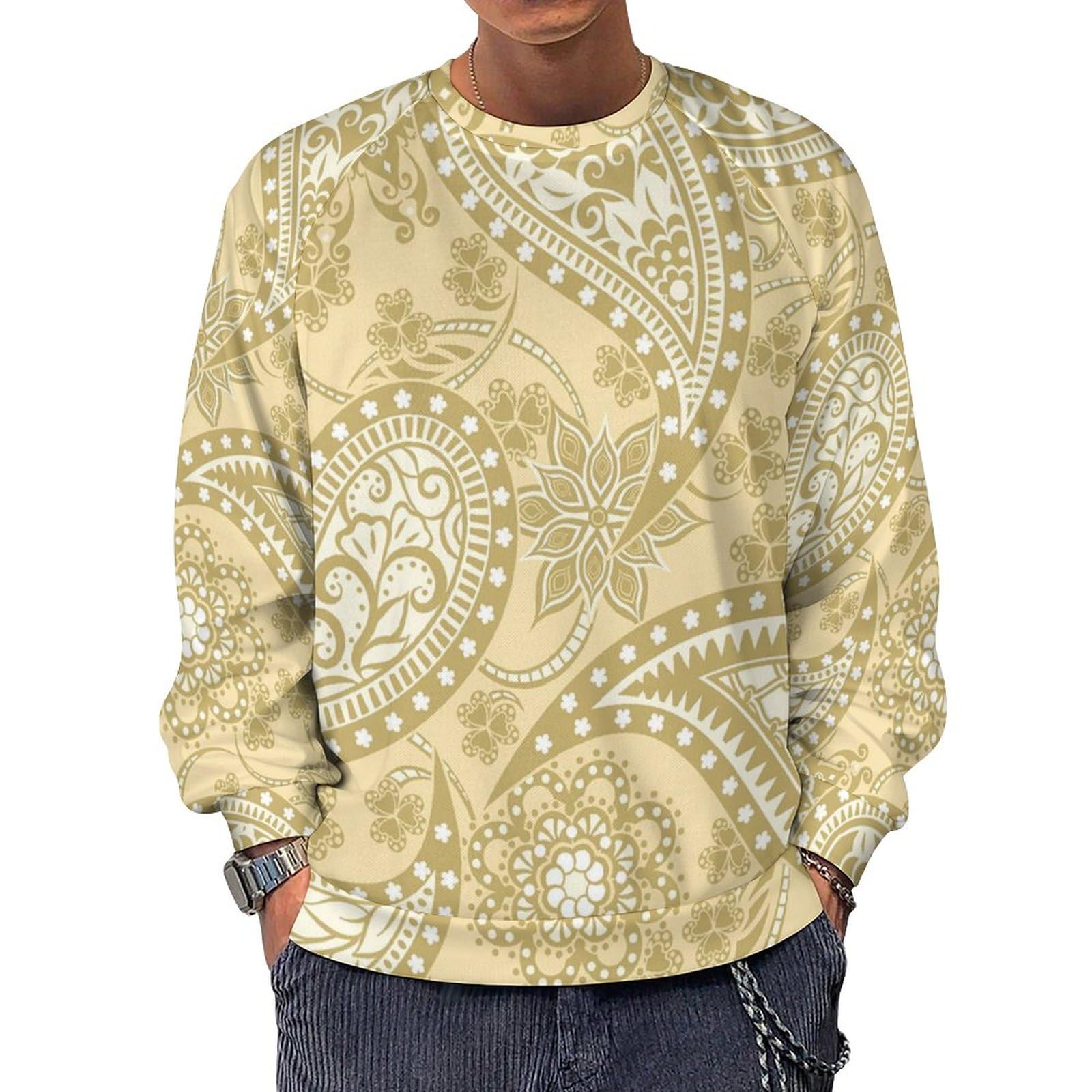 Qjjinxior Men's Gold Paisley Pattern Long-Sleeve Crewneck Sweatshirt, Lightweight Casual Jumpers For
