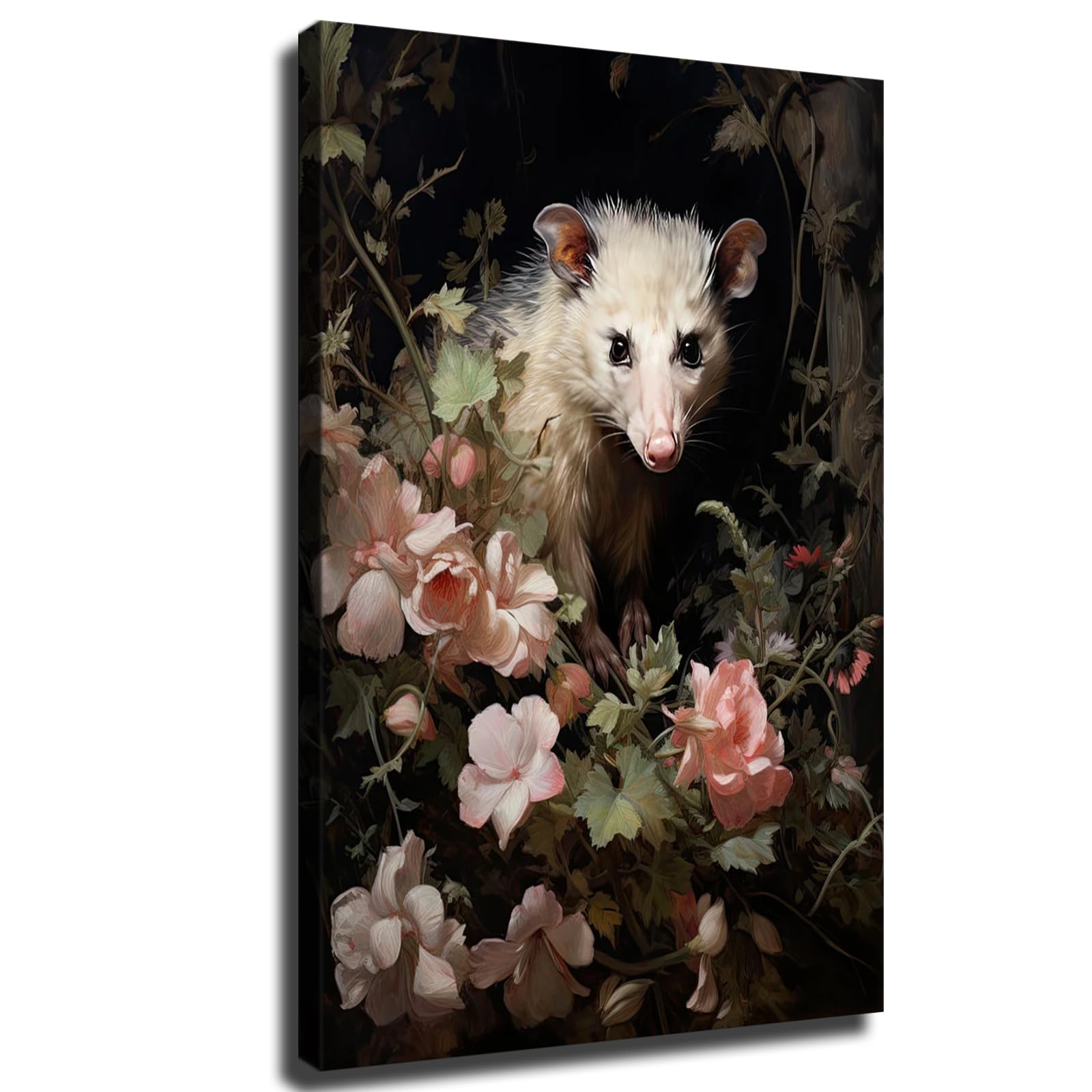 Dark Opossum And Flowers Wall Art Print, Dark Academia Wall Art, Moody Canvas Print, Witch Room Decor, Vintage Botanical Aesthetic Ready To Hang (