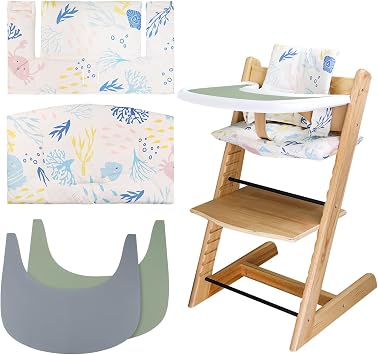 High Chair Cushion, Soft & Comfortable Baby Seat Cover with 2-Piece High Chair Placemat, Tripp Trapp Baby Cushion, Sea Animals Pattern