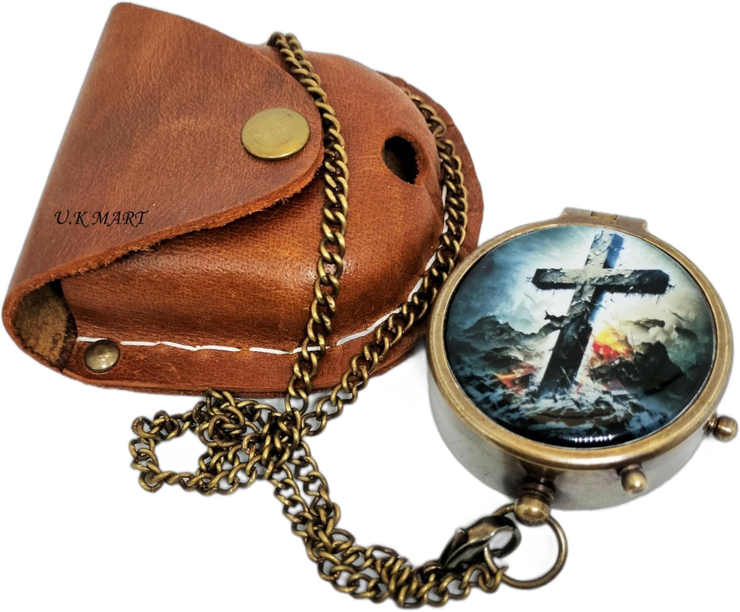 M.A & SONS Antique Brass Cross Compass with Permanent Faith Design – Functional Vintage Pocket Compass for Men – Christian Gift for Graduation, Father’s Day, Retirement – Leather Case Included