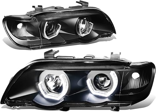 DNA MOTORING HL-3D-X500-BK Reemplazo de faros delanteros de proyector en U LED 3D con carcasa negra compatible con 00-03 X5