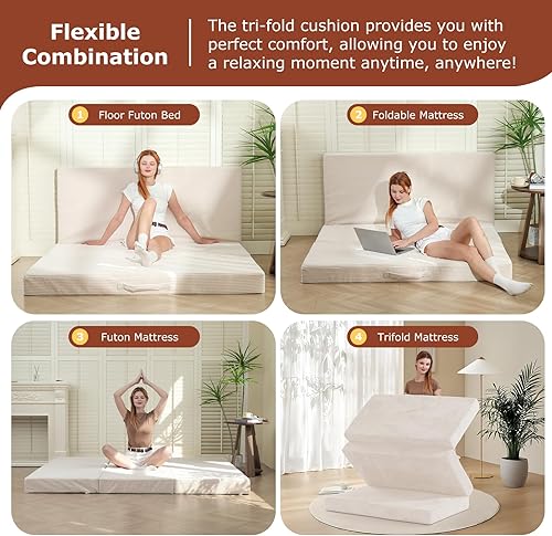 Miniatura 3 de Colchón plegable de tres pliegues de 6 pulgadas, sofá cama plegable con funda extraíble lavable, colchón de futón portátil tamaño matrimonial,