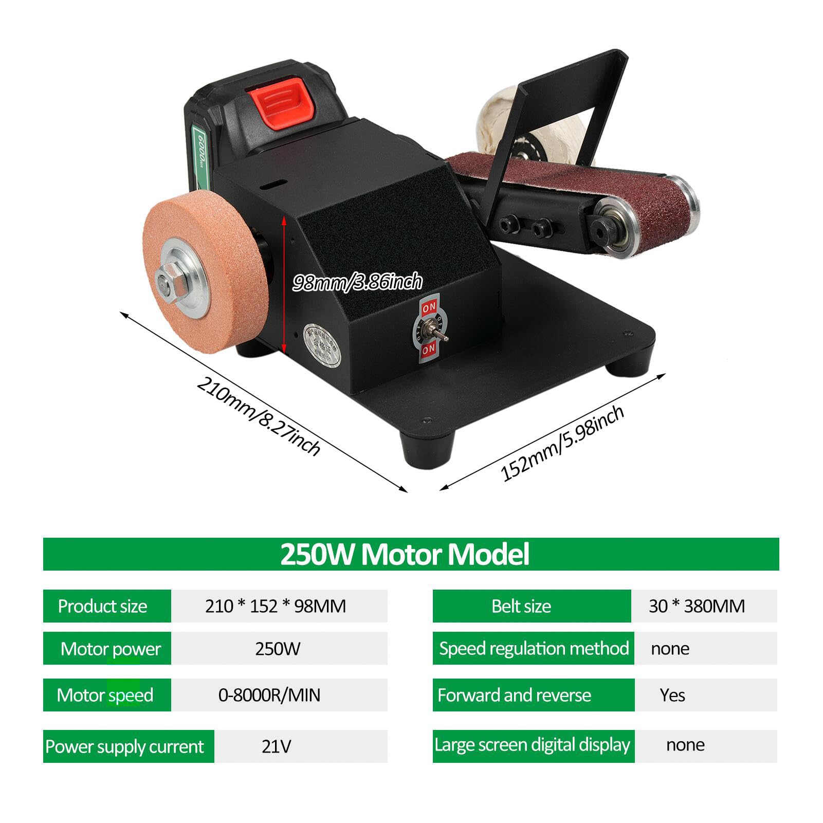 Mini levigatrice a nastro elettrica da 250 W, smerigliatrice da banco, piccola smerigliatrice, lucidatrice, con 10 nastri abrasivi, per fai da te, lavorazione del legno, gioielli in resina