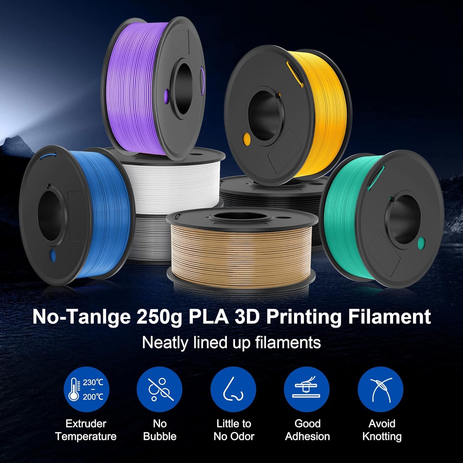 SUNLU 250g PLA Filament 1.75mm Bundle,3D Printer Filament Bundle Multicolor, Neatly Wound PLA Filament, Individually Vacuum Packed,250g Spool,8 Rolls,Black+White+Grey+Transparent+Red+Blue+Orange+Green
