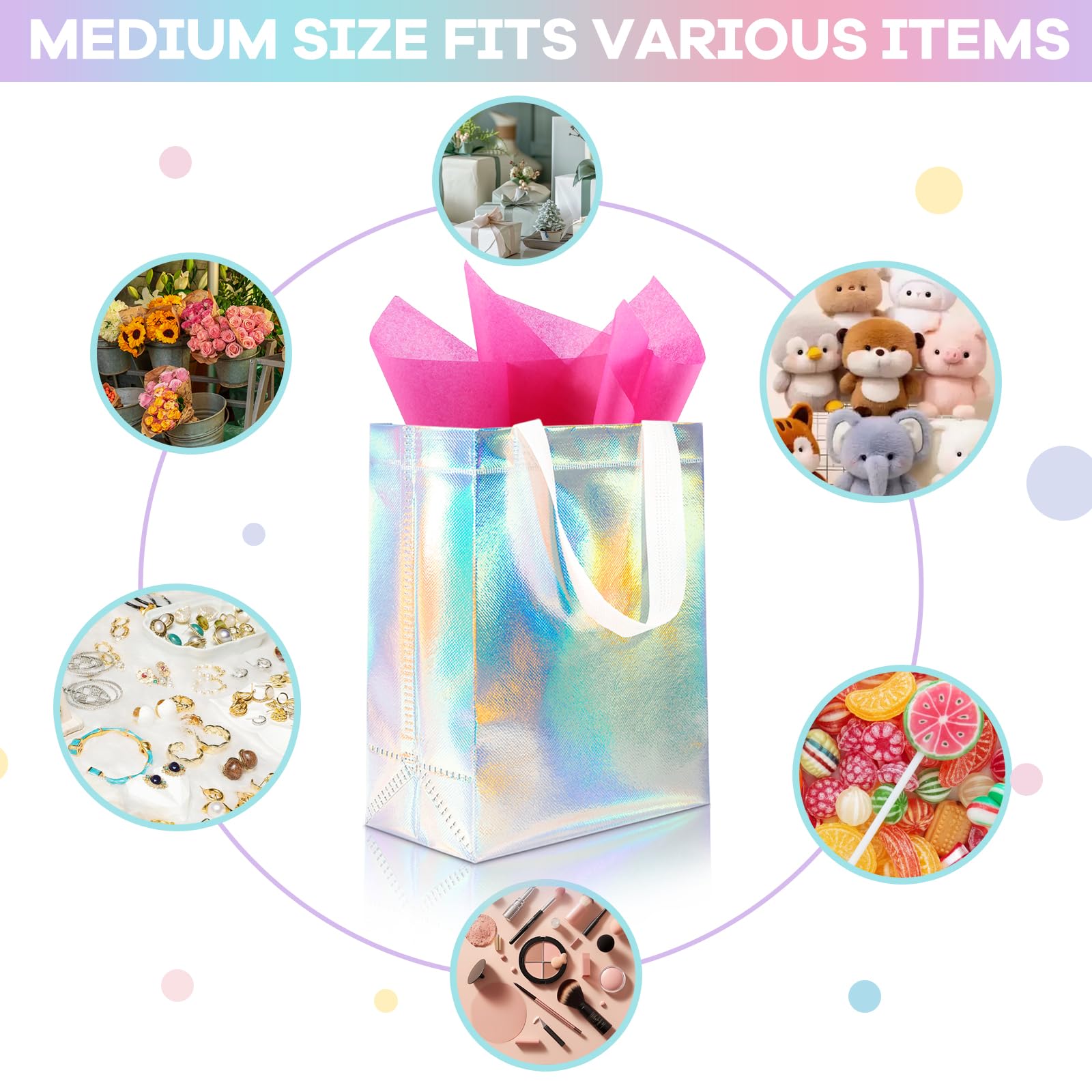 Addblu 12 Pack Reusable Gift Bags with Handles & 24 Tissue Papers, 10x4x8 Inch Iridescent Gift Bags with Cardboard Bases for Shopping, Parties, Birthdays, Weddings, Holiday, Father's Day (Holographic Gift Bag-White Papers)
