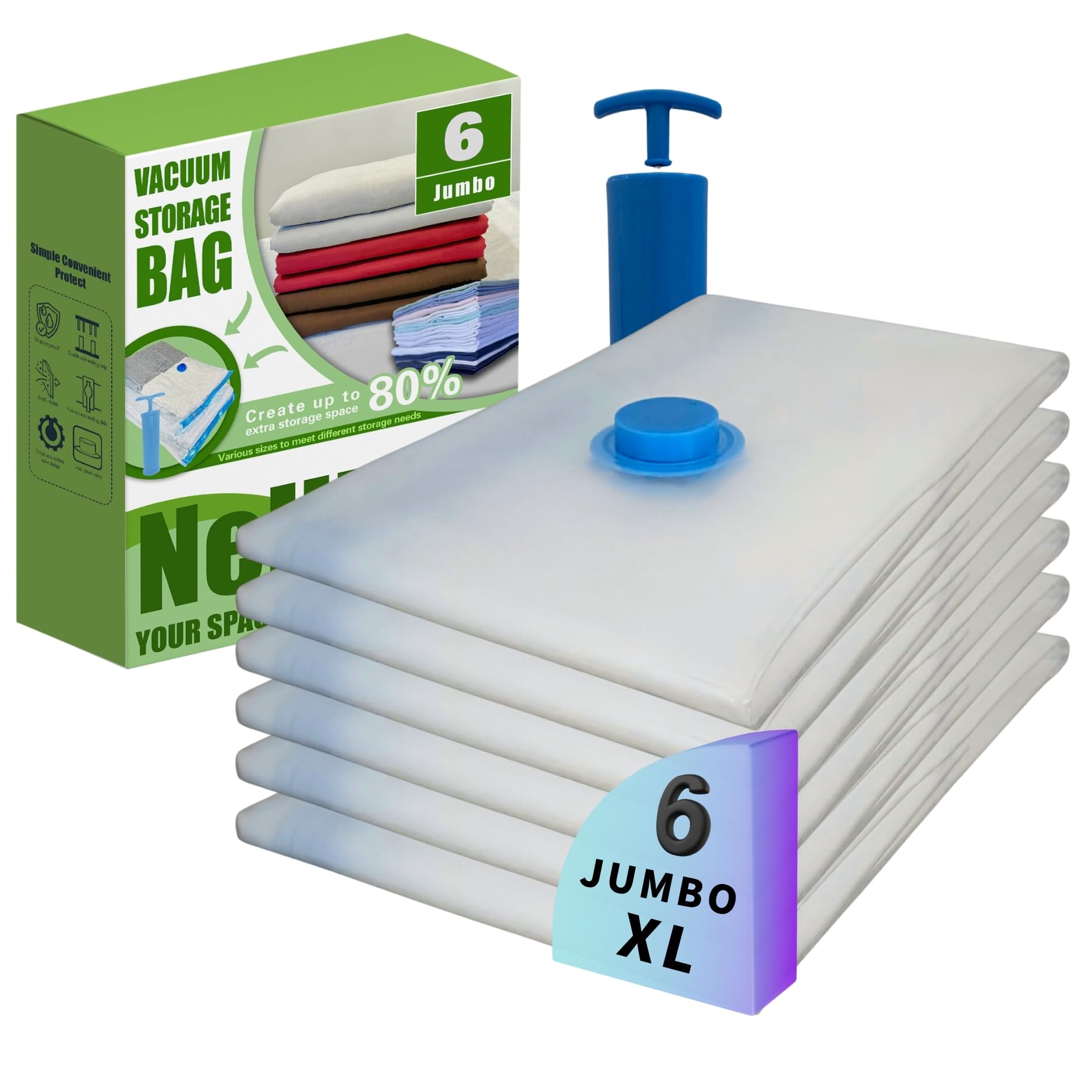 Jumbo XL Vacuum Storage Bags with Pump, Vacuum Seal Space Saver Bags 6 Pack