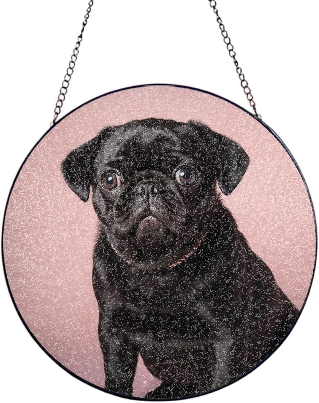 Stained Glass Window Hanging 6in（15cm）, Cute Black Pug Glass Suncatcher for Home Decor, Indoor Wall Art Glass Panel with Metal Chain and Hooks, Sun Catcher Ornament Birthday Gifts