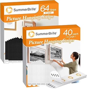 Summerbrite Picture Hanging Strips 40 Strips/XL/White Bundle with 64 Strips/XL/Black Wall Strips, Damage Free Hanging Picture Hangers,Picture Hanging Hooks, White