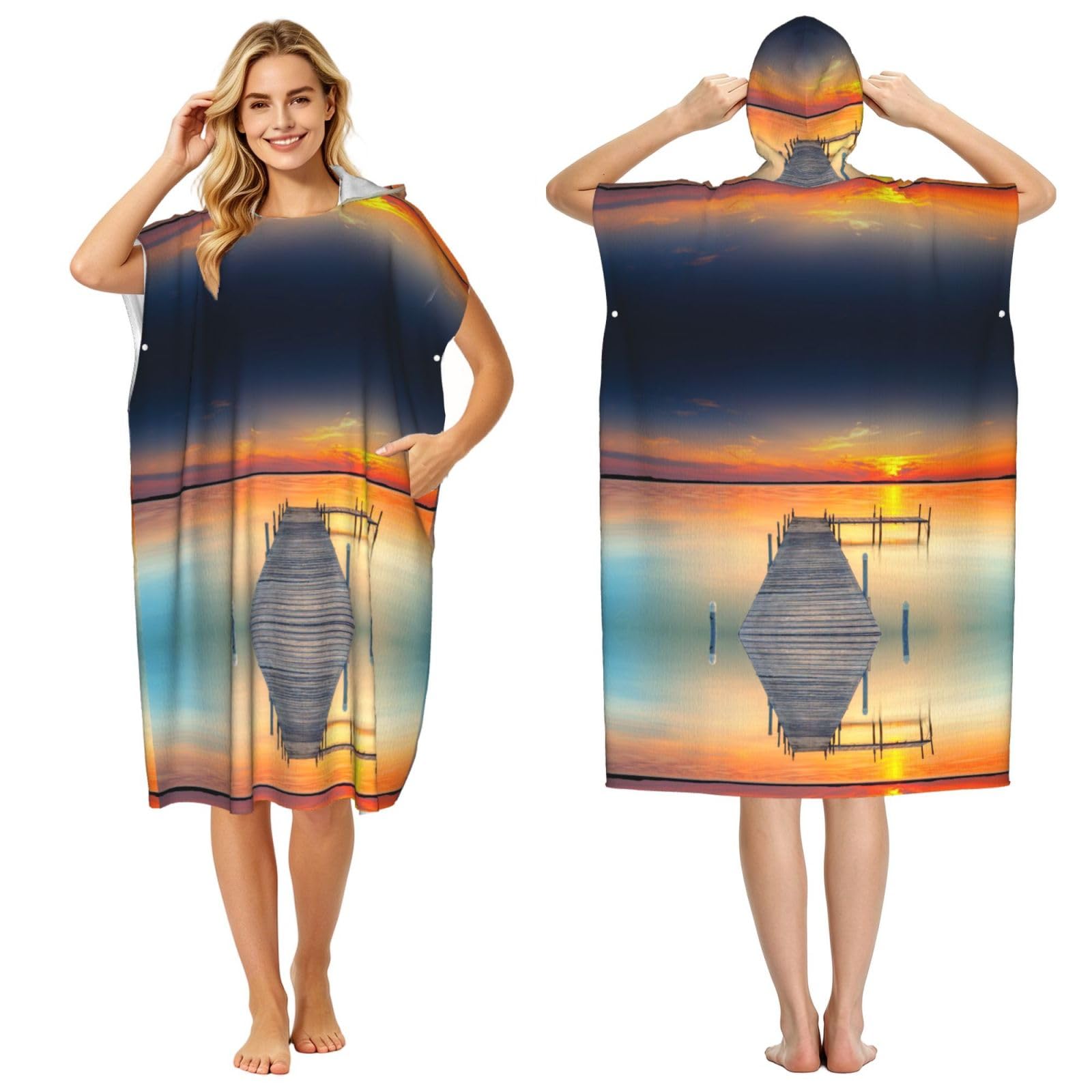 EZDLOWVBA Pier Print Hooded Poncho Microfiber Beach Towel,Adult Women & Men Changing Robe,Lightweight Summer Surf Swim Bath Poncho Towel