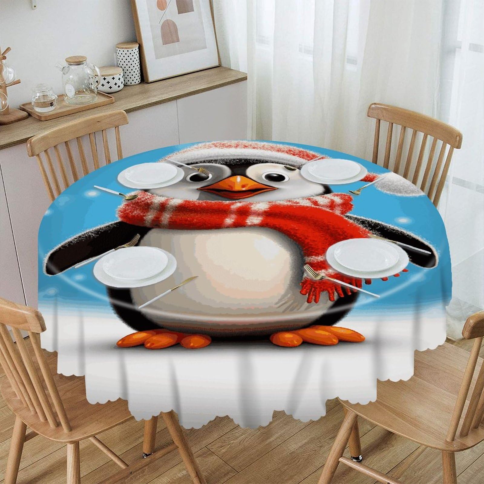 VstaDank 60 Inch Round Christmas Funny Penguin Tablecloth Polyester Waterproof Wrinkle Free Table Cloth Spillproof Washable Table Cover Colorful Tablecover Decor for Home Kitchen Dining Party