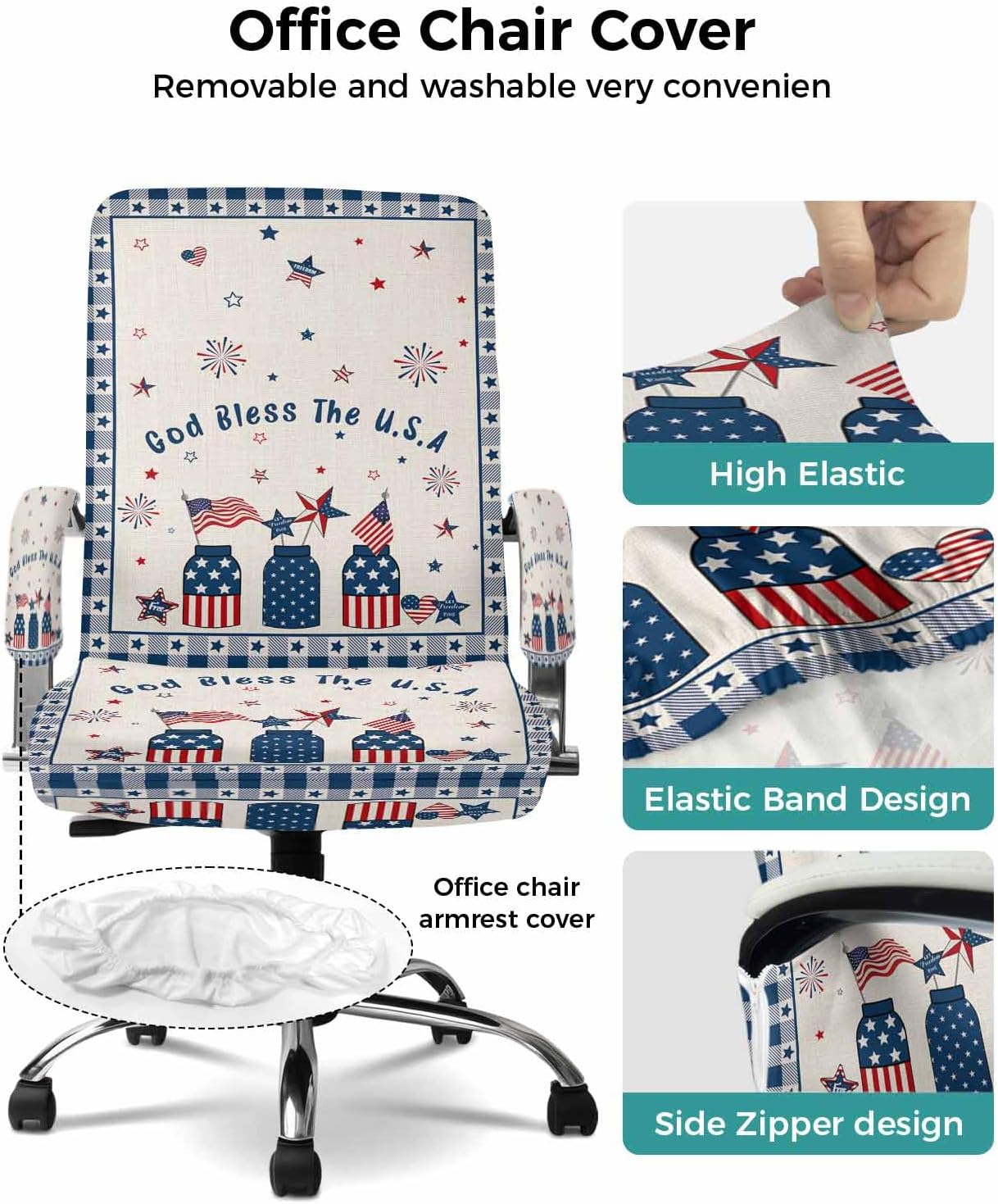Savannan Office Chair Cover, God Bless The USA Independence Day Bottle American Flag Star Blue Plaid,Elastic Chair Covers Stretch Chair Covers Office Chair Covers,1 Piece, Large with Arm Cover