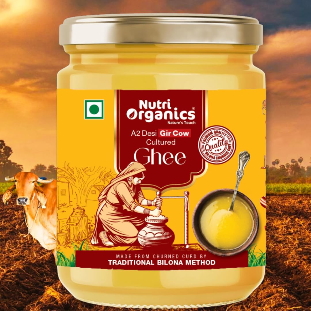 NutriOrganics Pure Desi A2 Cow Ghee 500ml | Bilona Curd Churned | Grass Fed Gir Cows | Glass Jar | Pure Aroma, Natural & Healthy Danedar Ghee| Lab Tested