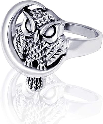 Anillo de mujer de plata de ley 925 con búho y luna creciente