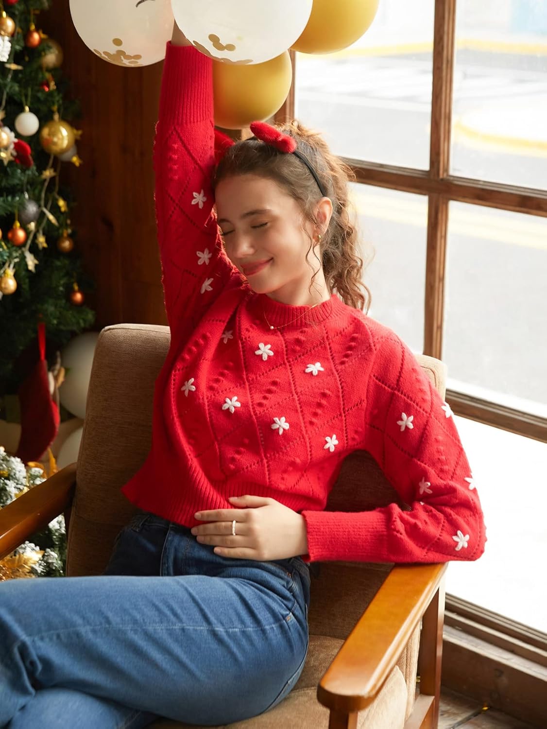 BEDAW Women's Sweater Floral Embroidery Sweater Sweater for Women (Color : Red, Size : Small)