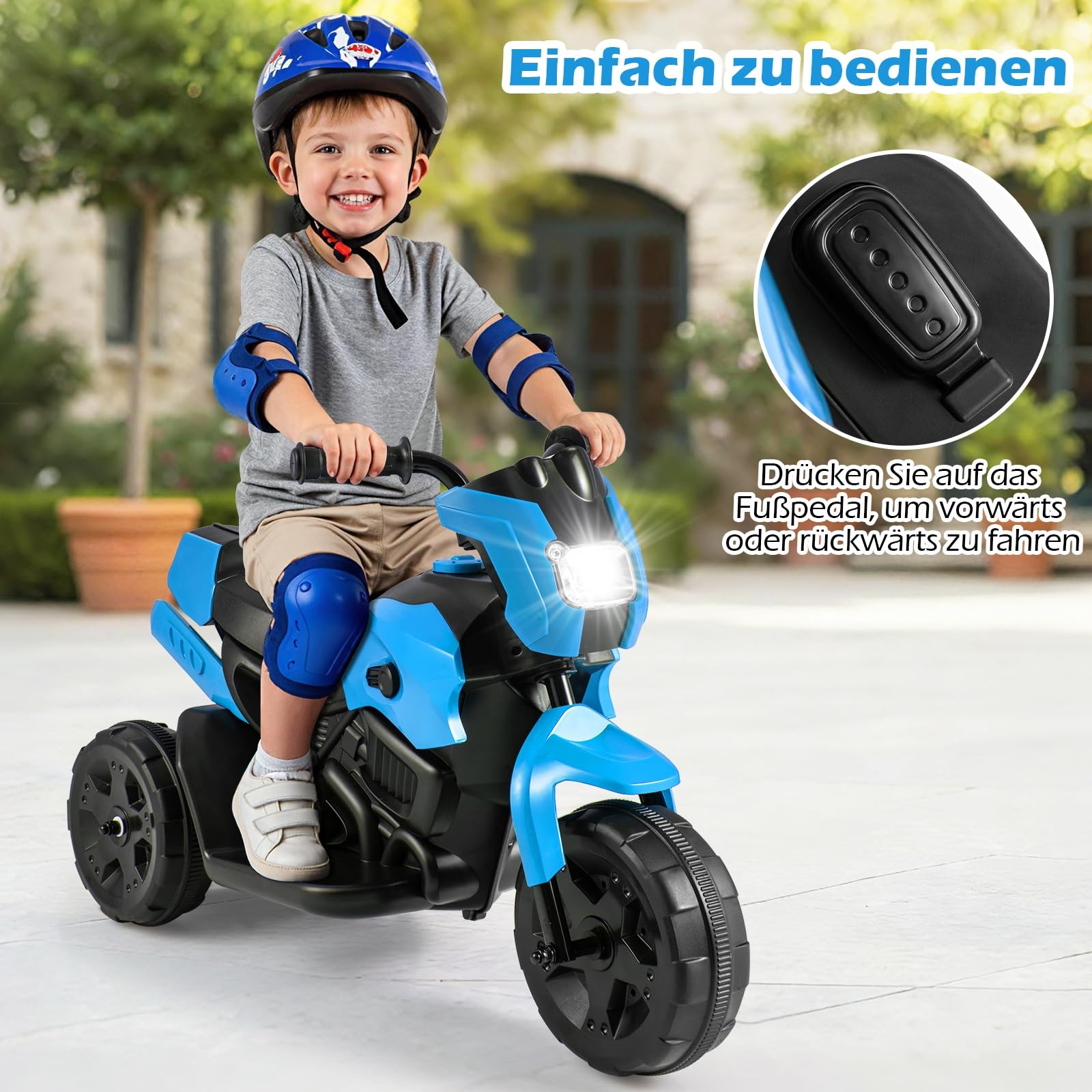 COSTWAY Kinder Elektro Motorrad, 6V Kindermotorrad elektrisch mit LED-Scheinwerfer & Fußpedal, 2-3 km/h, Dreirad Elektromotorrad für Jungen & Mädchen ab 3 Jahren (Blau)