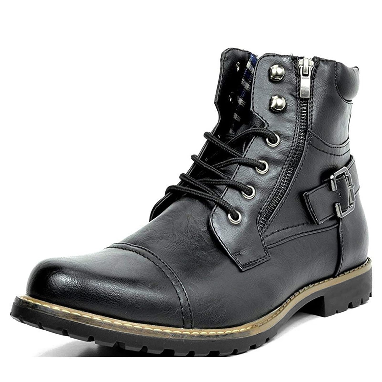 ANUFER Herren Doppelreißverschluss Schnürbare Coole Biker Stiefel | Knöchelhoch, Kunstleder, Vintage Kappe Zehenkappe, Motorradstiefel, Große Größe