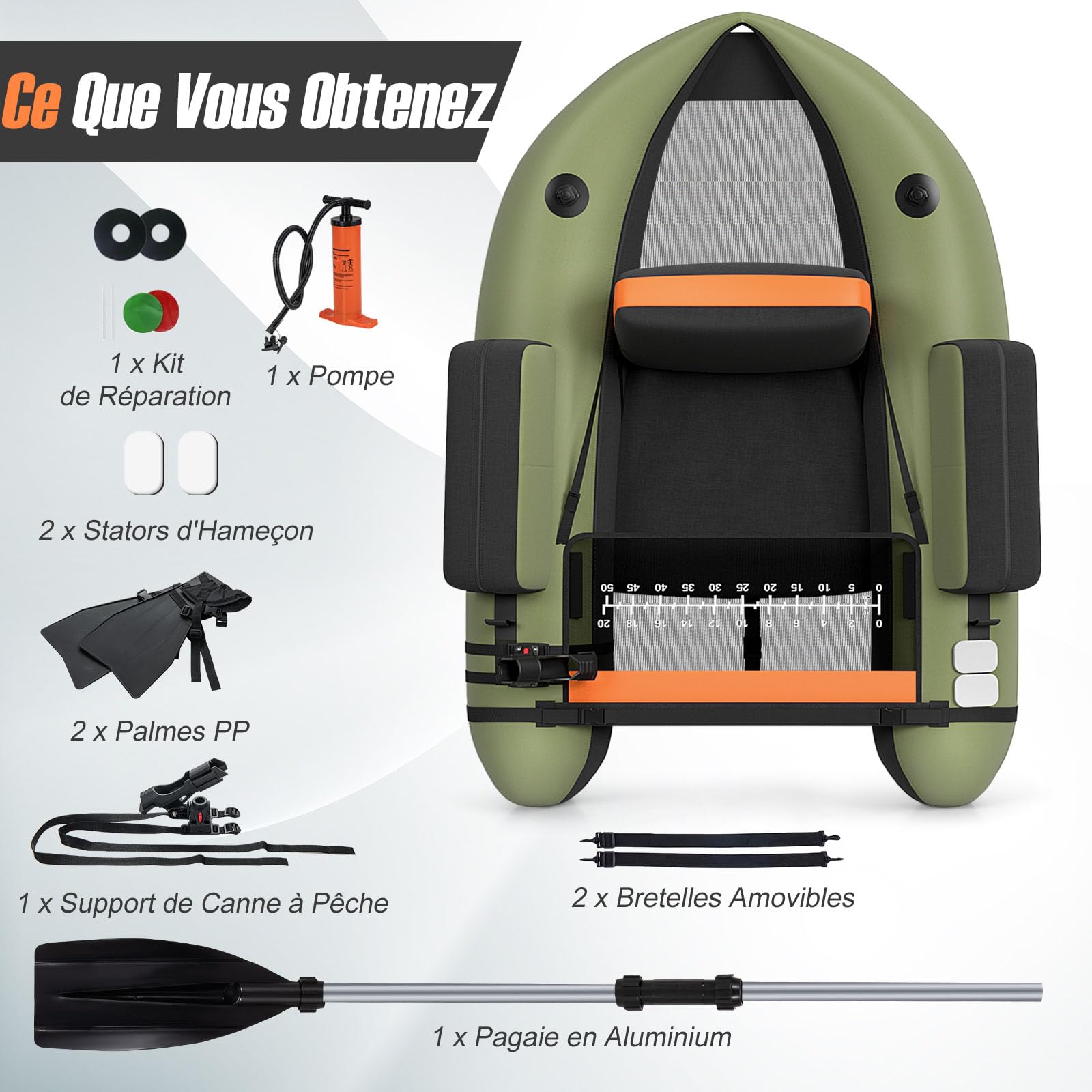 GYMAX Bateau Pêche Gonflable Portable, avec Pagaie, Règle à Poisson, Porte-Canne, Palmes, Pompe, Poches de Rangement, Tansport Pratique avec Bandoulières