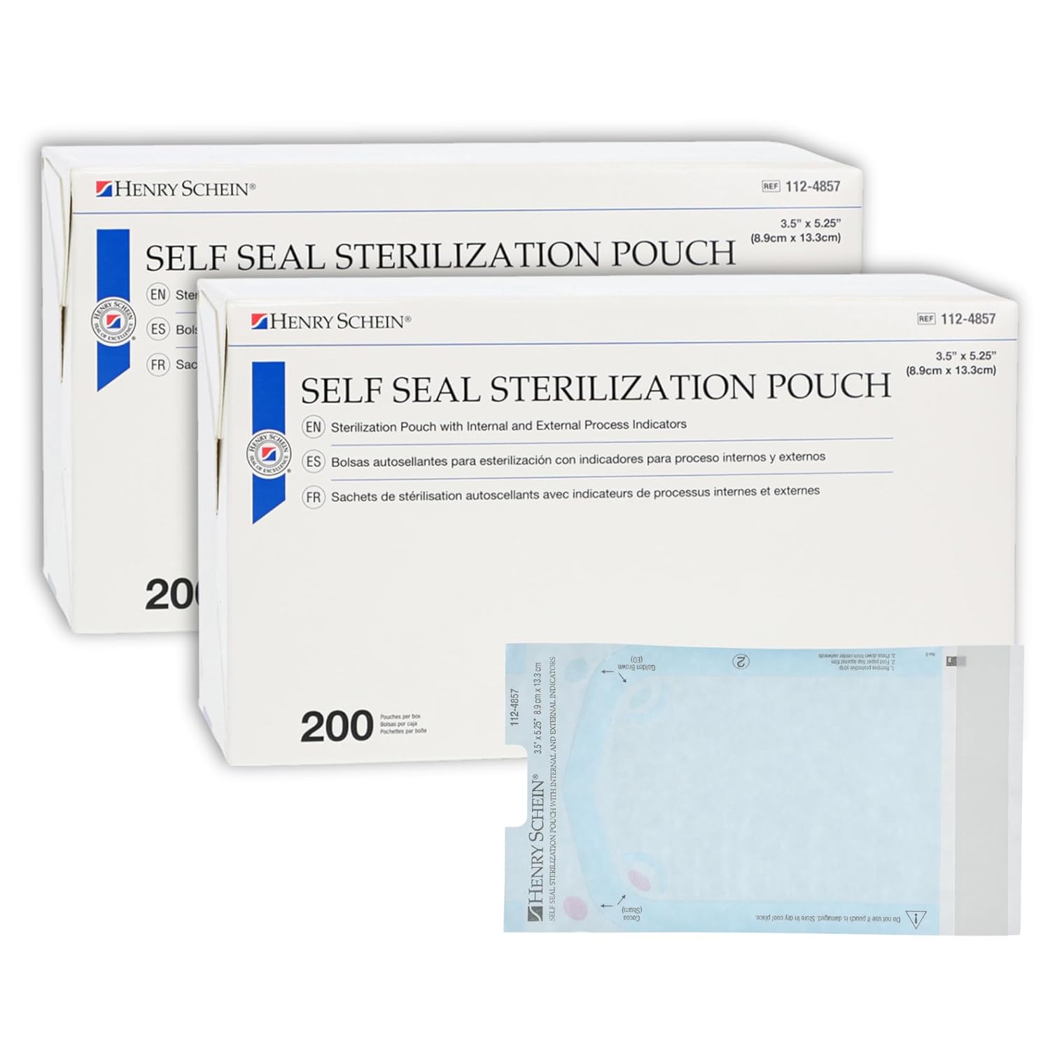 Henry Schein Self-Sealing Sterilization Pouches, Latex-Free, Built in Color Change Guide 3.5 in x 5.25 in 200/Bx, 6 Boxes/Case, 1200 Counts