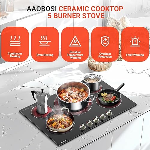 Miniatura 9 de AAOBOSI Cocina eléctrica de 30 pulgadas, 5 quemadores de 9000 W, control de perilla de cocina de cerámica integrada, estufa eléctrica, 9 niveles de