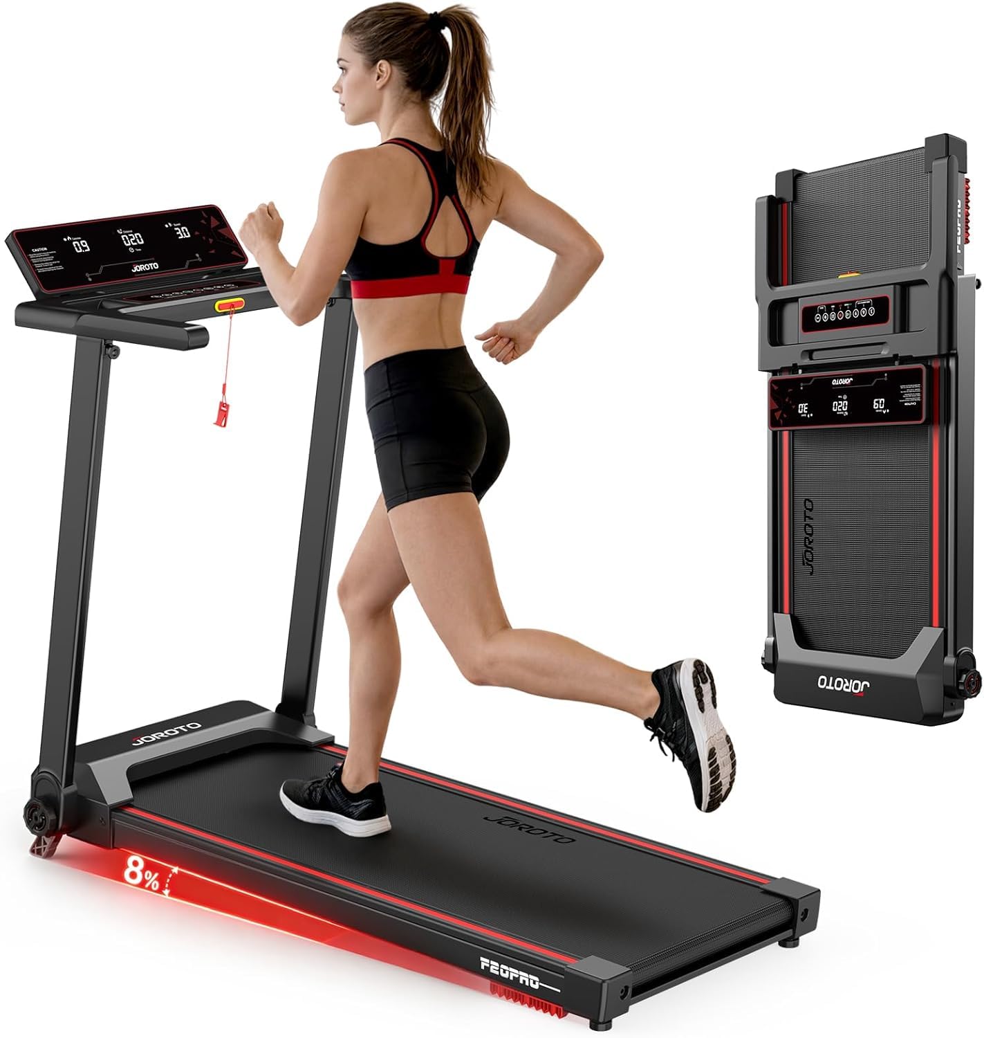 JOROTO Foldable Treadmill for Home, 2.5HP Motor, 8% Incline, 1-12KM/H Speed, Wide Running Belt, LED Display, 130KG Max Weight, Compact Treadmill with Handles for Walking and Running