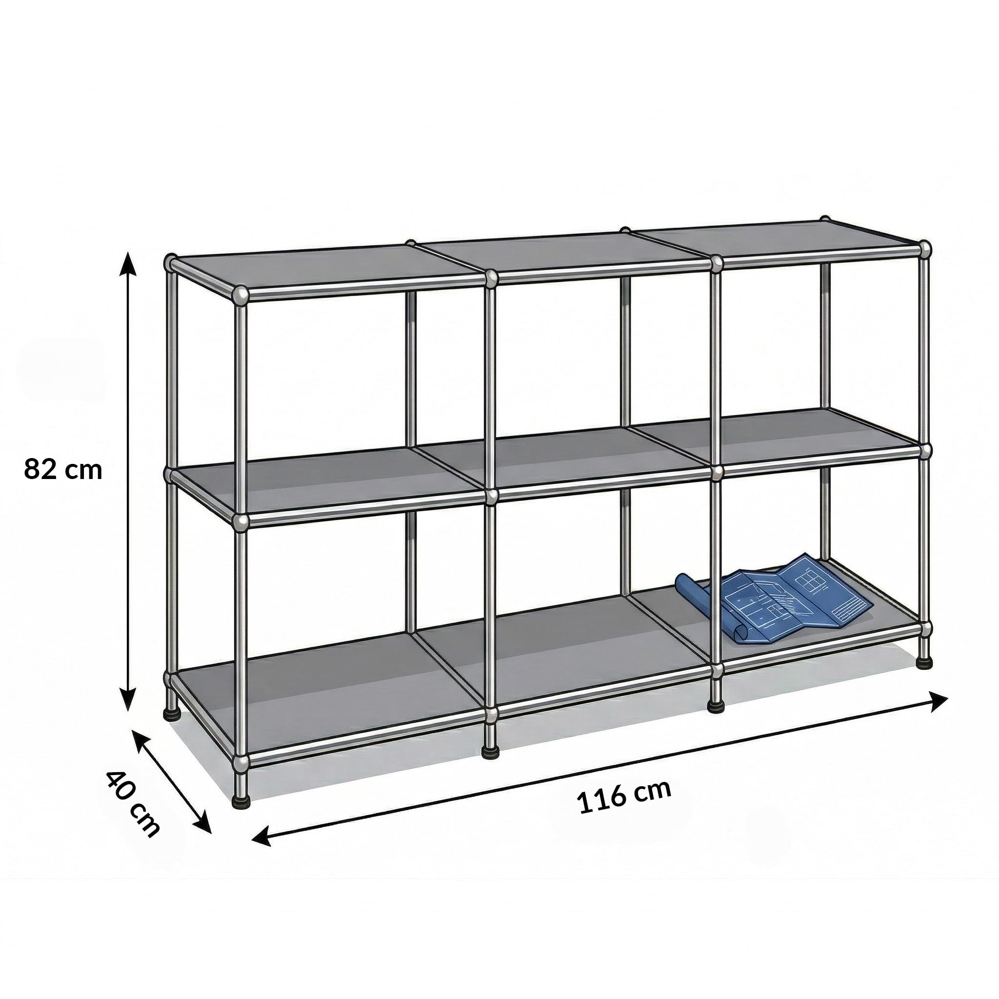 KARAT Regal - Grau 116x40x82cm - 3 Ablagen Metallregal - Sideboard & Lowboard - Offenes Bücherregal - Würfelregal - Concept Epure MK-018