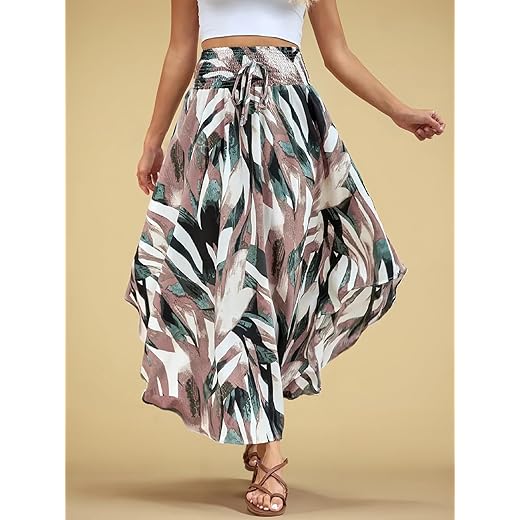 Saia feminina Boho floral rodada midi elástica cintura alta plissada evasê saia longa