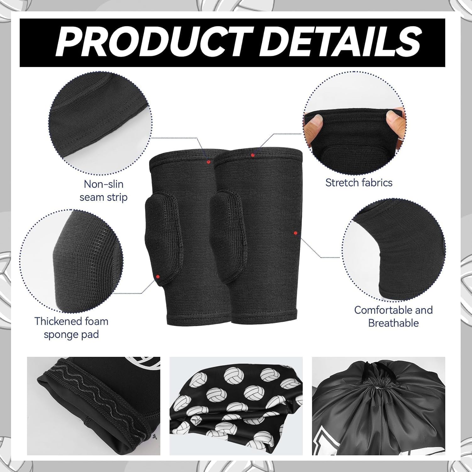 6 Pcs Volleyball Knee Pad and Arm Sleeve Volleyball Accessories Protection Equipment Stuff Forearm Elbow Sleeve Wrist Guard with Protection Pad and Thumb Hole for Women Men Training