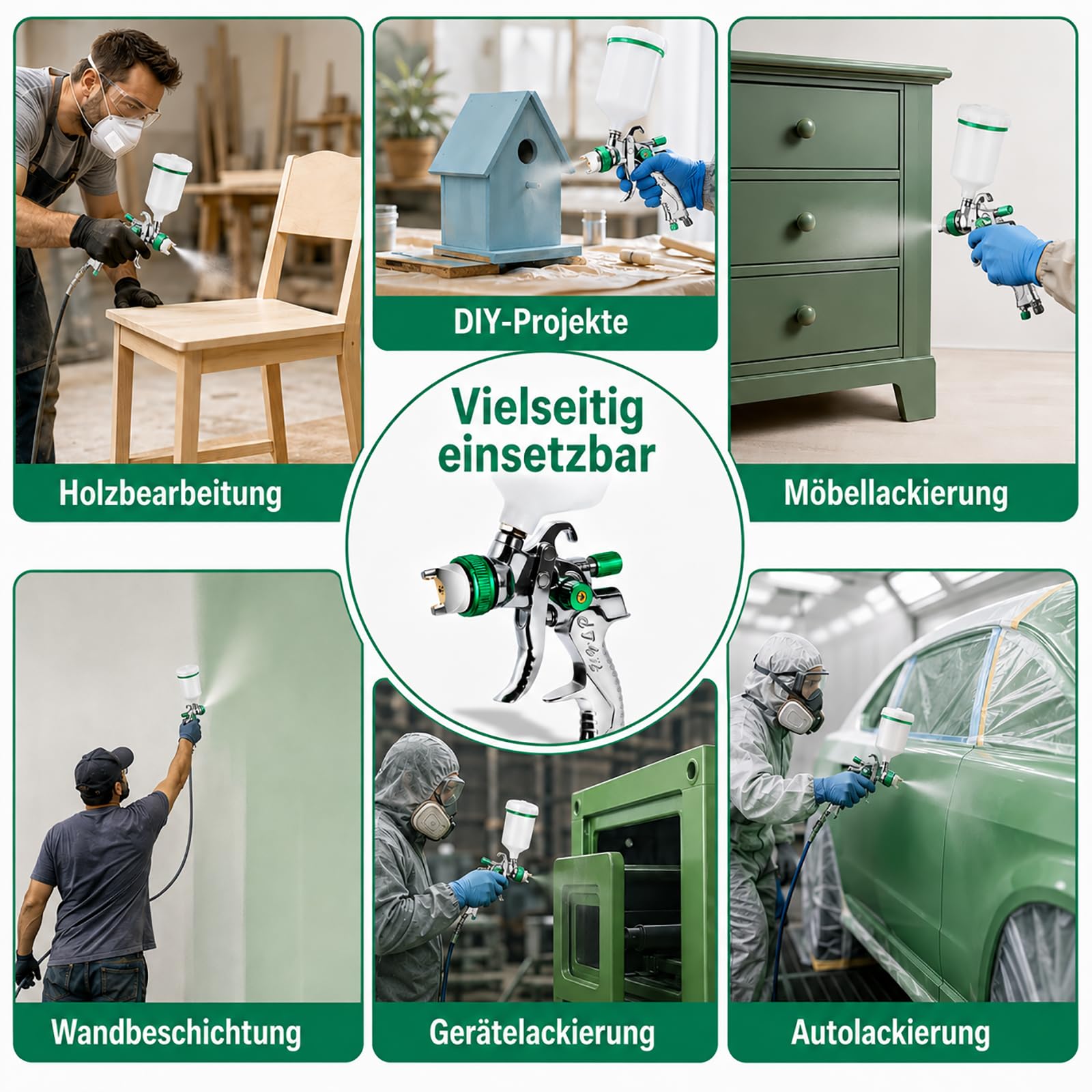 HVLP Lackierpistole Spritzpistole Kit 4 Düsen 1,4mm 1,7mm 2,0mm 2,5mm 600 ml Plastikbecher Grün