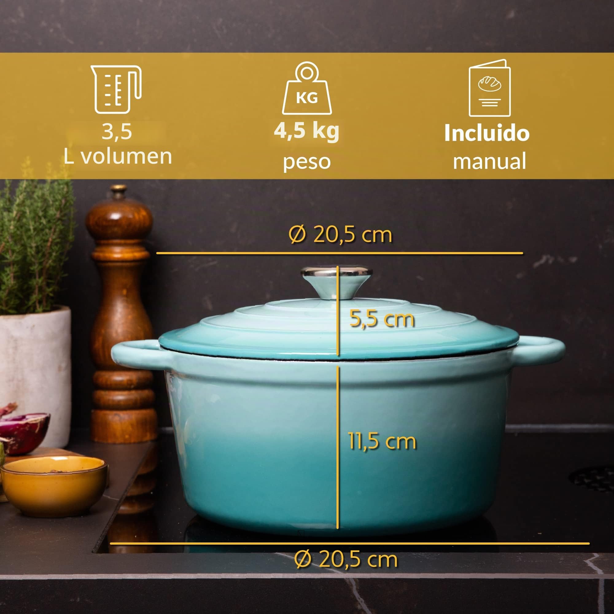 Chefarone Cacerola de hierro fundido de 24 cm, 3,5 L, esmaltada con tapa para hornear, estofar y asar, para inducción