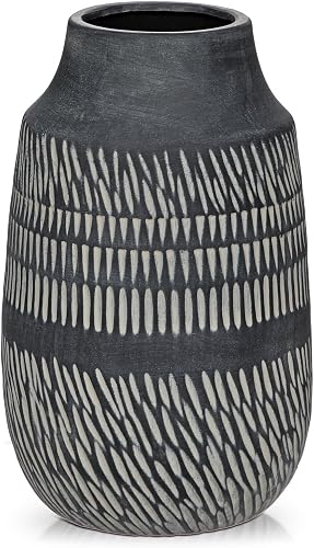 9" Textured Vase with Linear Stripe, Rustic Ceramic Vase for Home Office Tabletop Decor, Industrial, Vintage & Farmhouse Style, Slender & Dark Grey