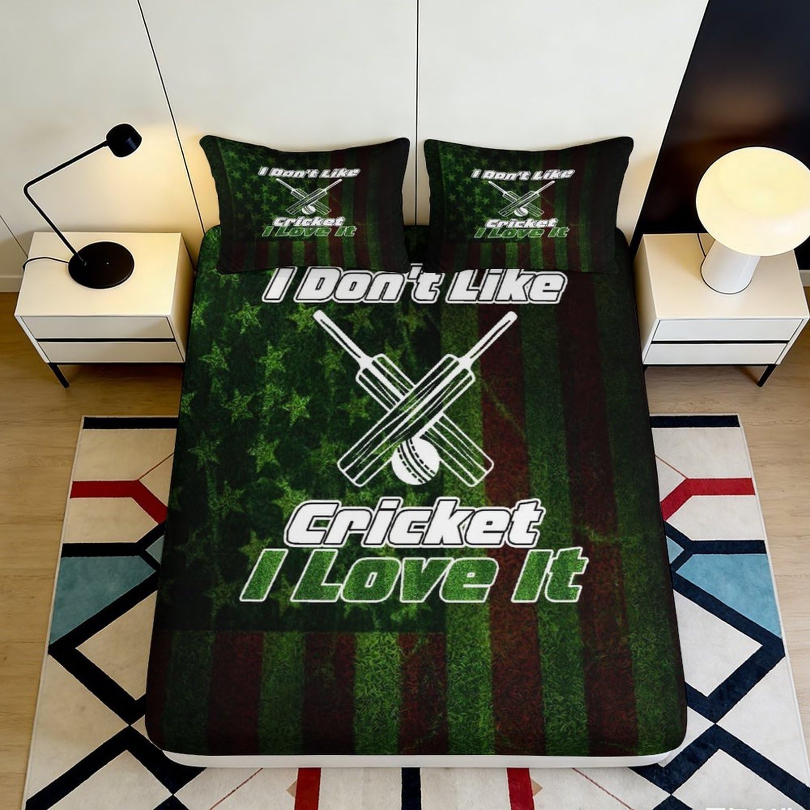 3D Printed Cricket Bat Ball Fitted Sheet Microfiber Green Stripe Bed Sheet for Bedroom Guest Room Dorm Protection Decor 90x200x25cm