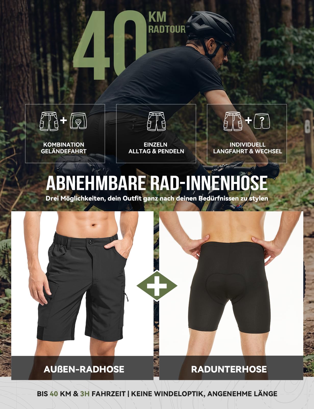 Cycorld MTB Hose Herren Gepolstert: Lockere Fahrradhose mit Abnehmbar Radunterhose 4D Sitzpolster Atmungsaktiv Radhose Shorts