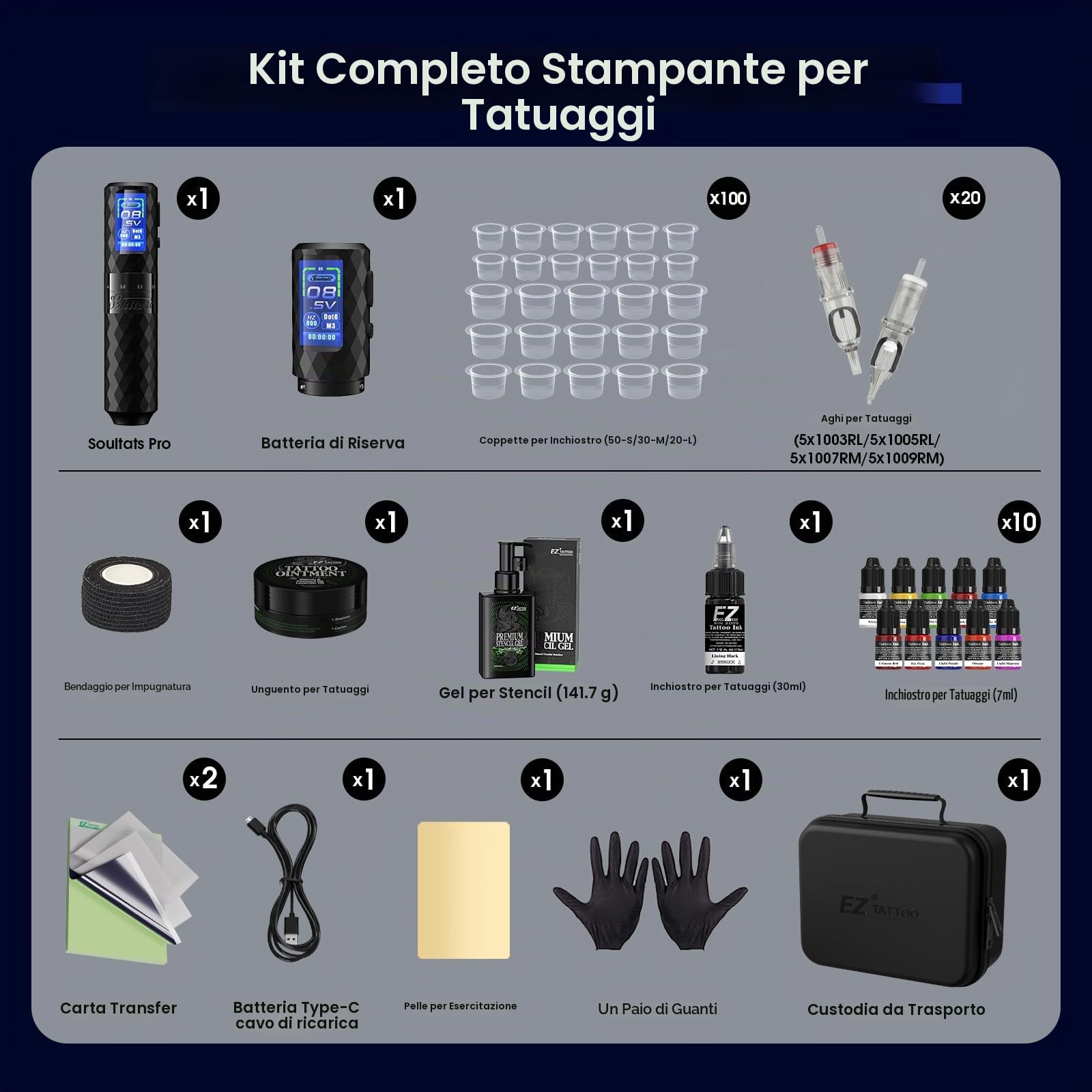 Kit Tatuaggi - Macchinetta per Tatuaggi Kit Completo con 6 Corse 2.5-4.8mm Macchinetta Tatuaggi, Alimentatore Batteria Extra da 1600 mAh, 20Pz Aghi Tattoo per Principianti e Artisti