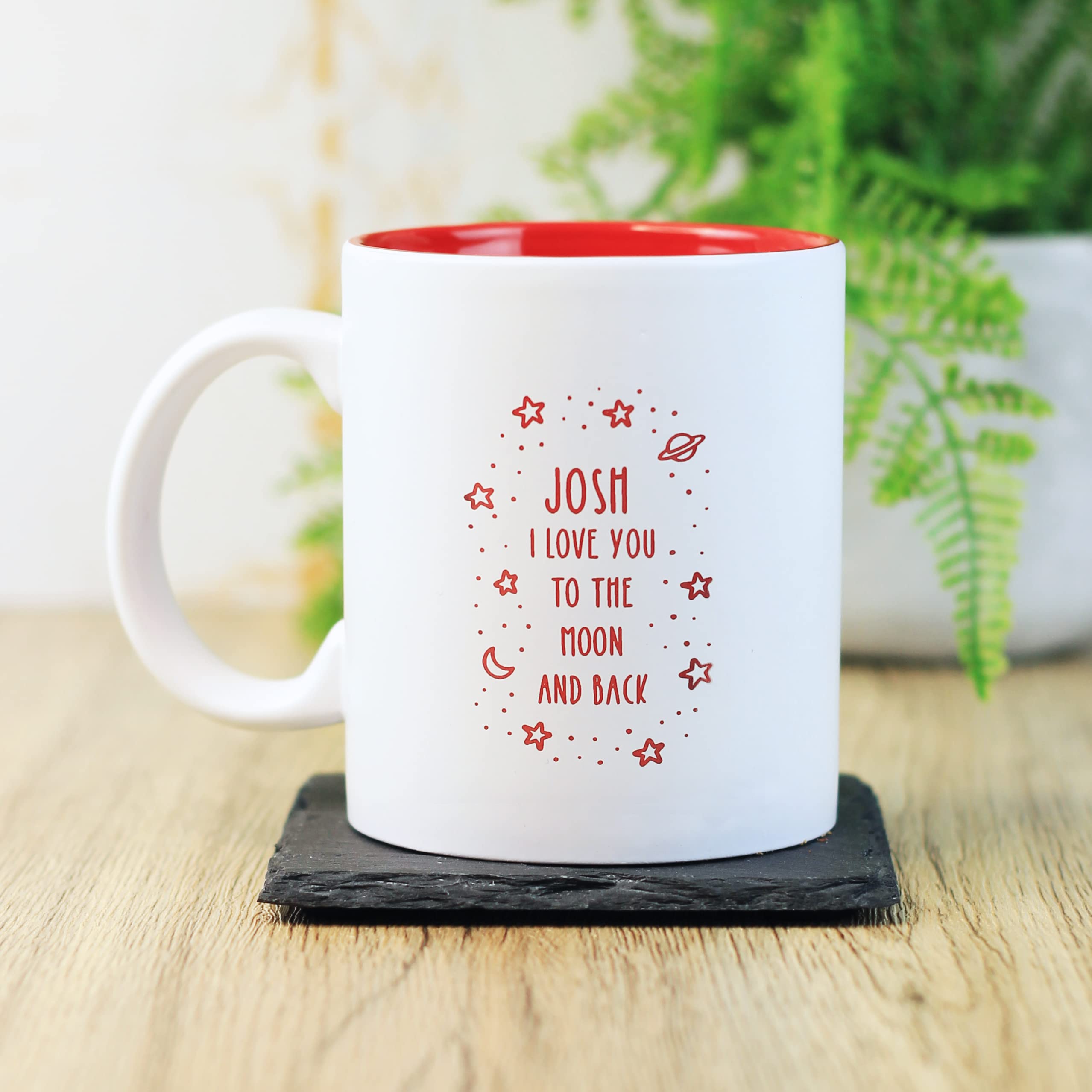 eBuyGB Personalised Red Reveal Mug, I Love You to The Moon & Back, 350ml Engraved Ceramic Coffee Mug, Valentine's Day, Mother's Day, Birthday Gift