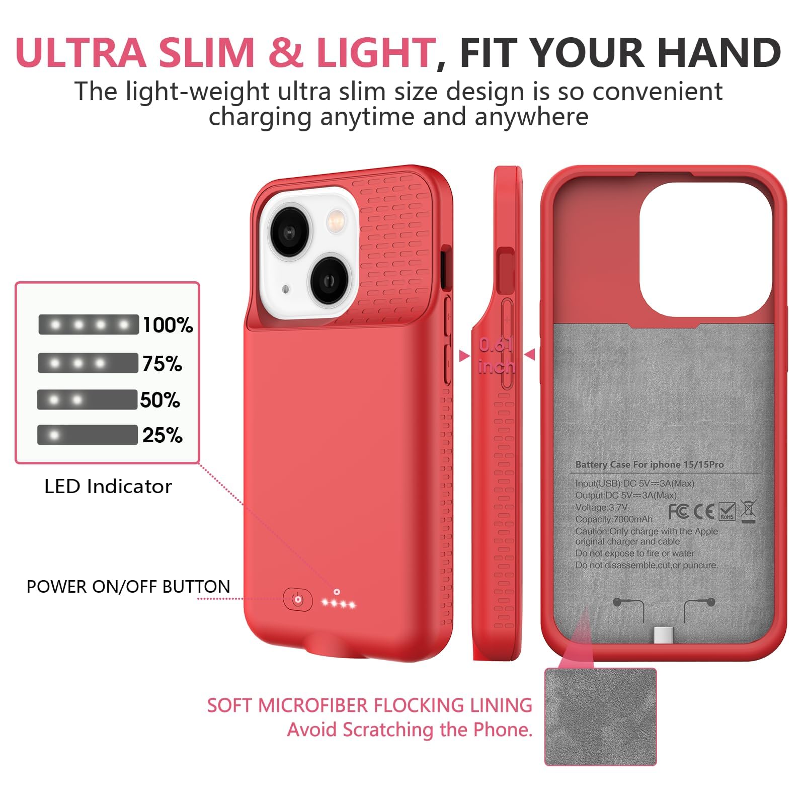 BOPPS Funda de batería rápida 15 W para iPhone 15/15 Pro, ultradelgada, ligera, potente, 7000 mAh, recargable, anticaídas, TPU de, antideslizante