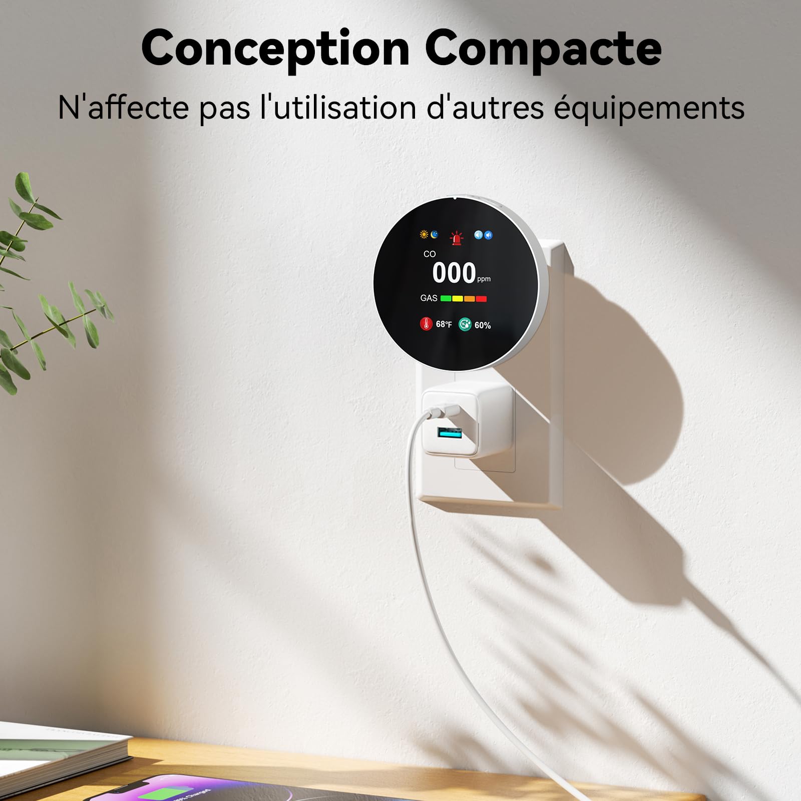 Détecteur de Monoxyde de Carbone et de Gaz avec Prise, Détecteur de CO 4 en 1 avec Capteur de Température et d'humidité, 1 Pièce
