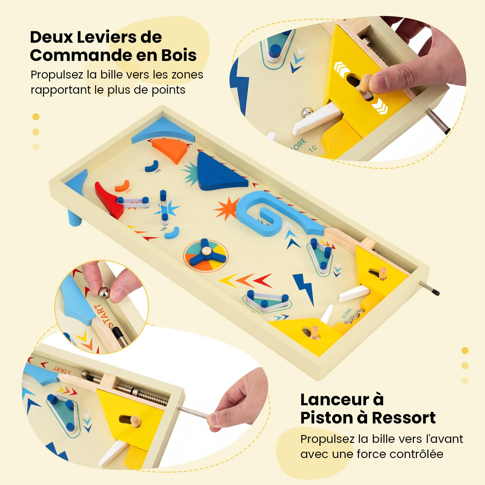 COSTWAY Flipper en Bois Enfant avec 3 Billes Métalliques, Jeux de Société Éducatif avec Lanceur à Ressort et 2 Pieds Détachables, Mécanismes Interactifs, Jeu d'Adresse pour 6 Ans+