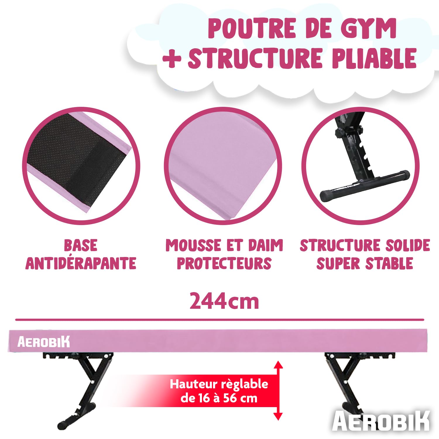 Original Cup Aerobik Poutre de Gymnastique Rose pour Enfants | Hauteur Réglable sur 5 Niveaux de 16,5 à 56,5 cm | Montage Facile et Sécurité Maximale | Antidérapante