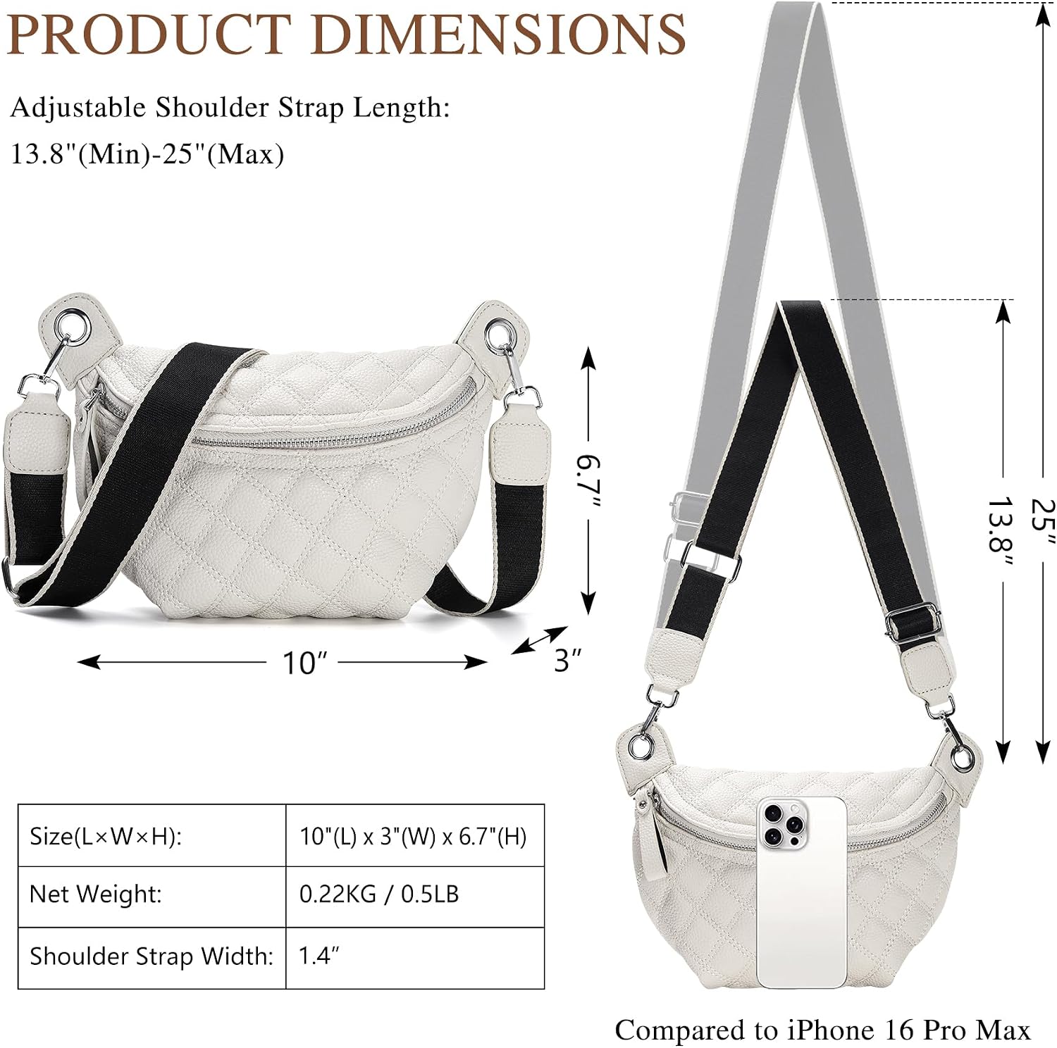 Women's Quilted Crossbody Waist Pack, PU Leather Fanny Pack Sling Bag with Adjustable Belt, Small Shoulder Purse for Travel, Daily Use (Off-white)