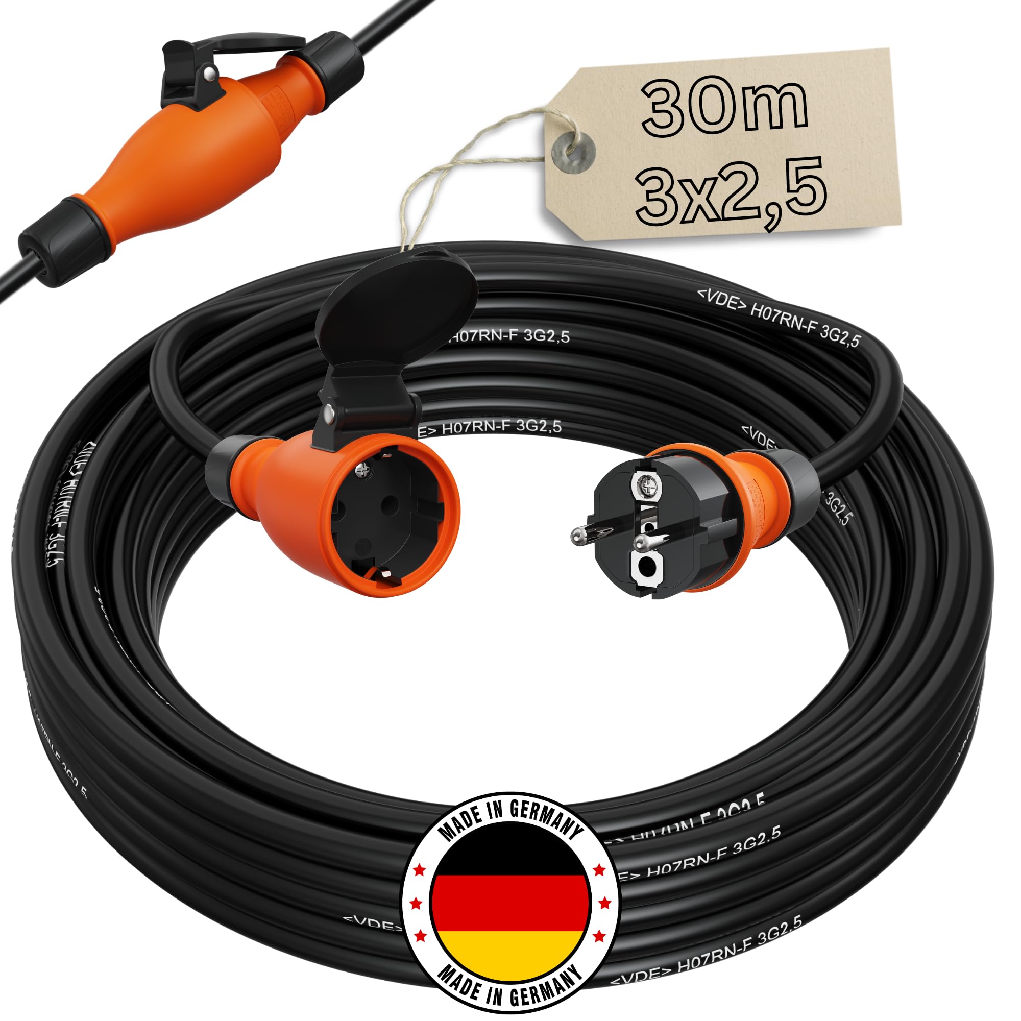 Verlängerungskabel 30 Meter IP54 Außen Verlängerung 30m Stromkabel Außenbereich Kabel Strom Verlaengerungskabel Gummikabel H07RN-F 3x2,5 Schuko Outdoor Extension Cord