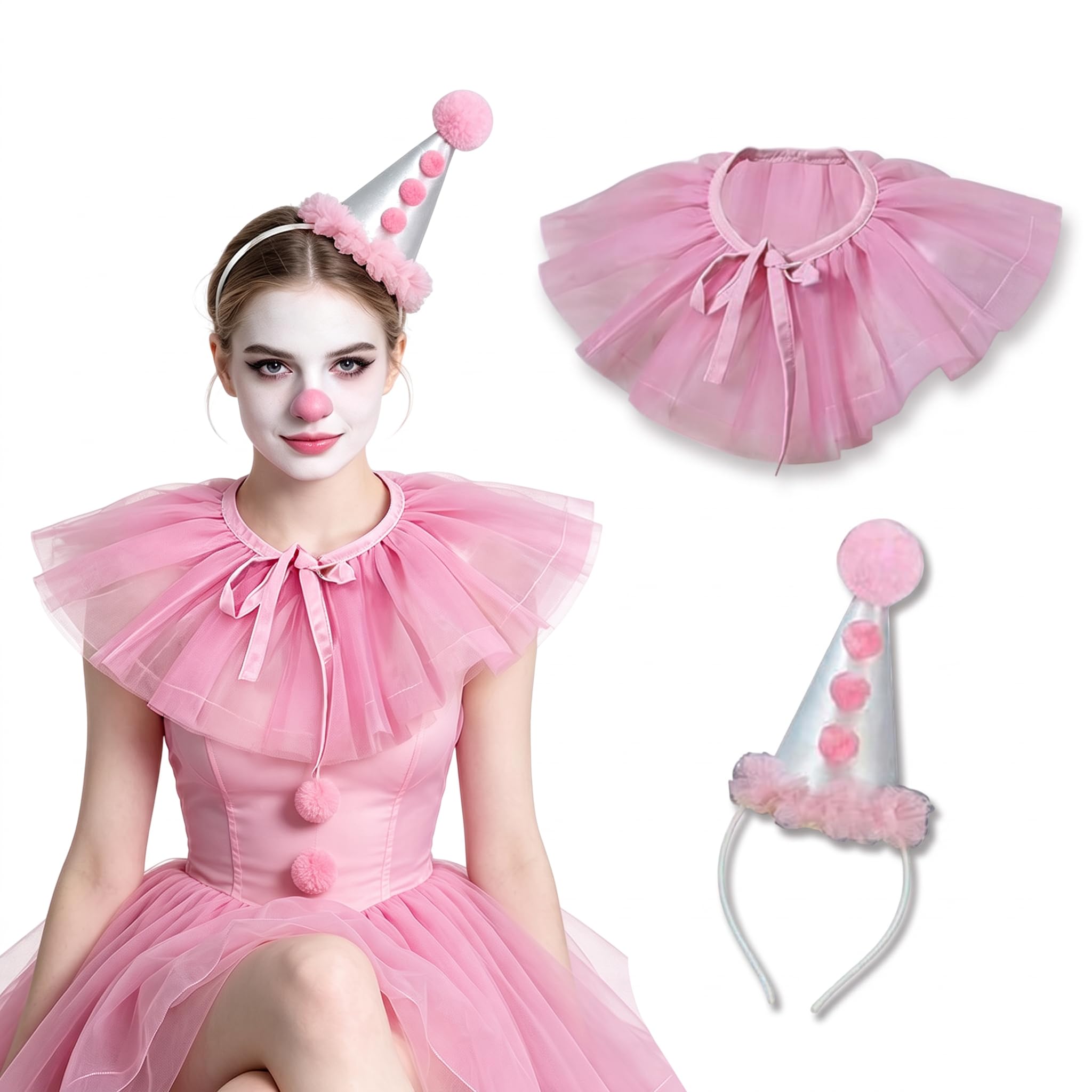 FYKTIK 2 Piece Clown Costume Women Accessories Set, Clown Hat Headband and Neck Ruffle Collar, Halloween Fancy Dress Accessories for Carnival, Christmas, Cosplay and Fancy Dress Parties, Pink — image 1
