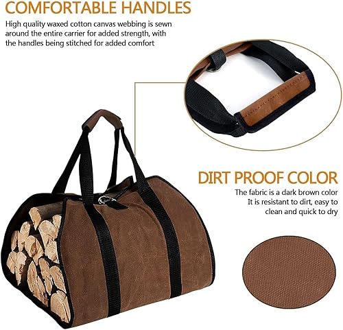 Miniatura 3 de Luckyrao Bolsa de leña para almacenamiento de leña al aire libre, portador de leña, portador de madera para leña, portador de leña con asas (marrón)