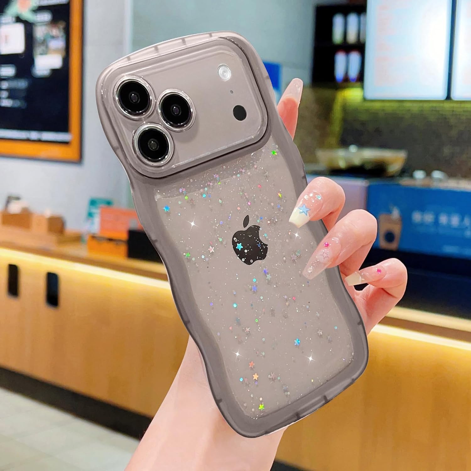 for iPhone 17 Pro Max Case 6.9" Cute Kawaii Curly Wavy Bling Glitter Star Shiny Sparkle Clear Transparent Camera Lens Protection Soft Shockproof Aesthetic Phone Cover for Women (Black) - Image 3