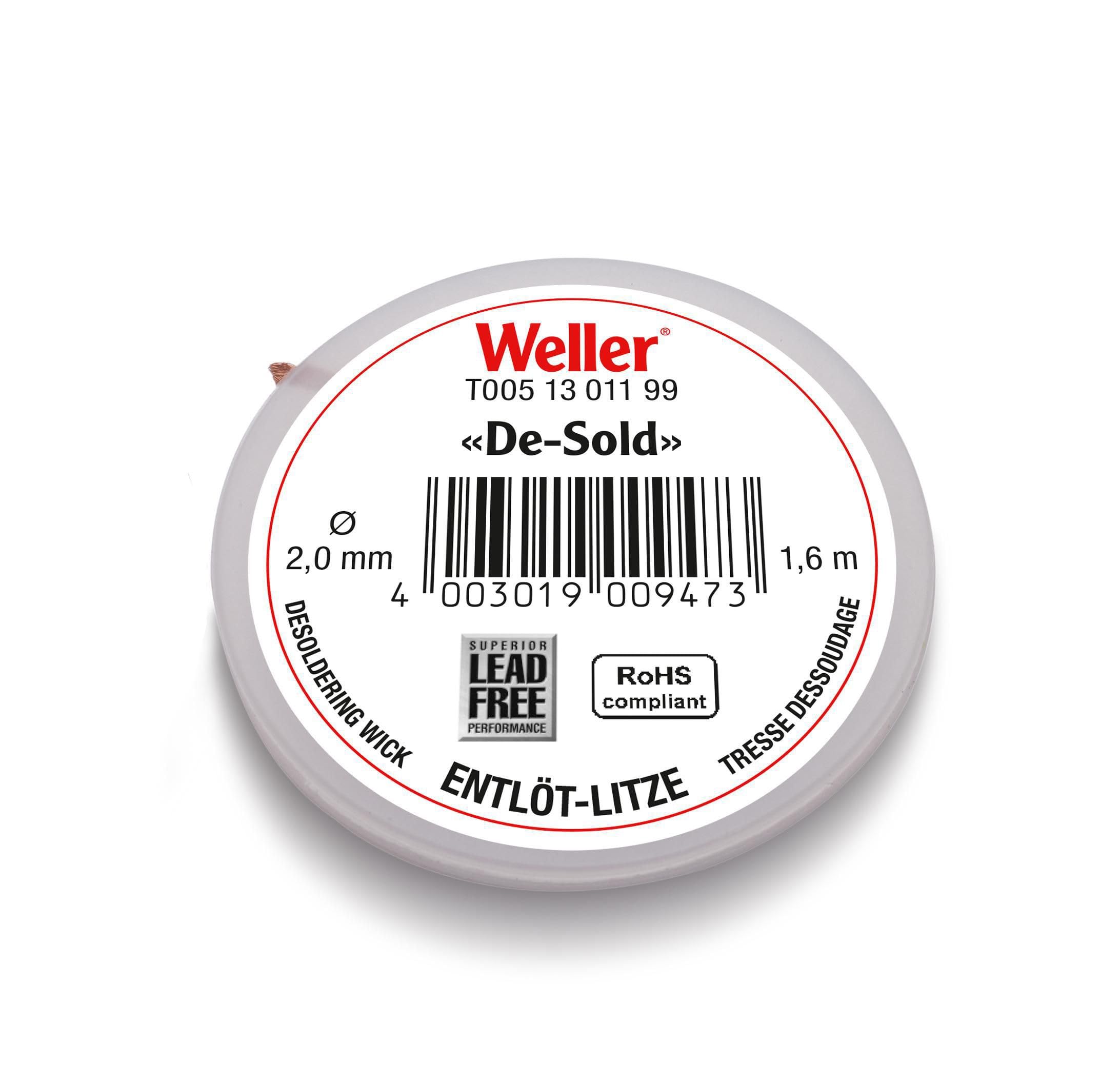 Weller Odlutowywanie T0051301199 | szpula 1,6 m | szerokość 2,0 mm | siatka miedziana nasączona topnikiem | szybkie i czyste usuwanie cyny lutowniczej | do elektroniki i naprawy płytek drukowanych