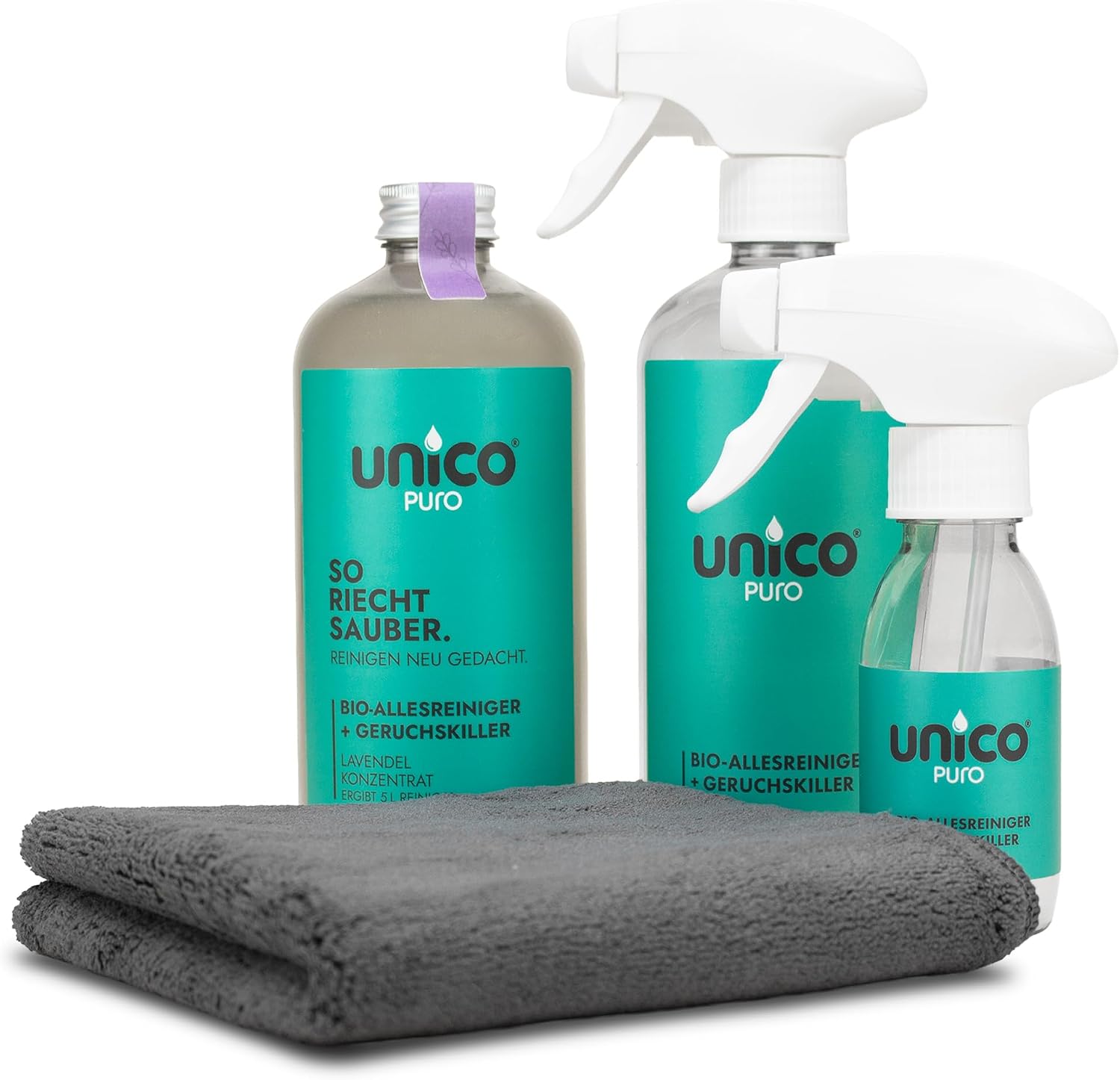 unicopuro Lavender All Purifier Starter Set - 500ml Concentrate = 5L - Includes 500ml & 100ml Spray Bottles + Soft Touch Microfibre Cloth - Biodegradable Odour Killer in 8 Fragrances