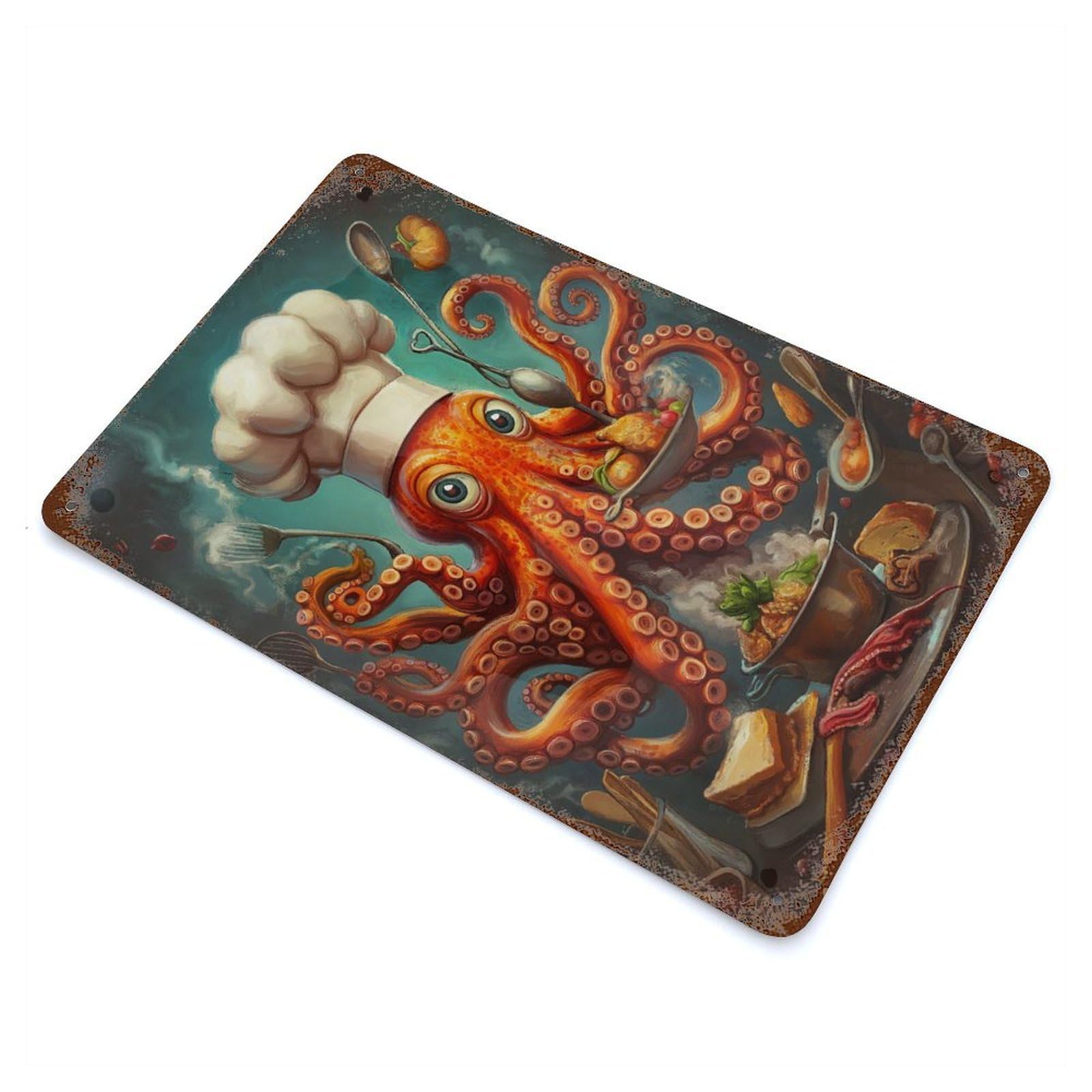 Distressed Metal Wall Sign Octopus Chef 11.8"x7.9", Vintage Wall Decor for Garage, Bar And Workshop Decor