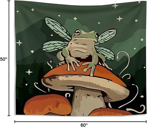 Miniatura 5 de Knibeo Tapiz de rana de hada y hongos para colgar en la pared, tapiz de rana para dormitorio, tapiz de pared de rana, decoración de pared de arte de