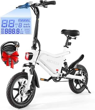 ANCHEER Folding Electric Bike for Adults+Lock, 48V 7.8Ah Ebike, 20MPH Electric Bikes, 14" Foldable Electric Bicycle, Bicicleta Electrica para Adultos, E Bike, LCD Display, Dual Suspension, UL 2849