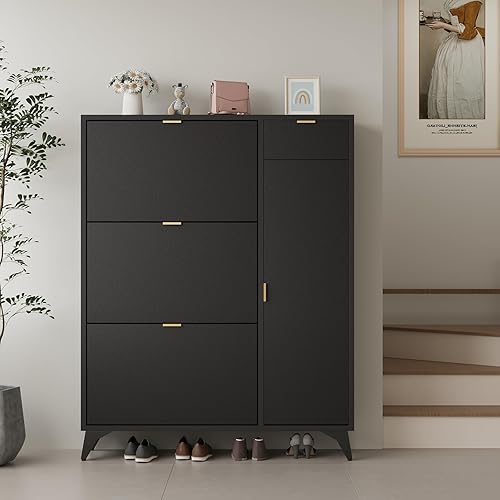 Miniatura 4 de ARTETHYS Armario de almacenamiento de zapatos delgado con puerta, armario de zapatos estrecho con 3 cajones abatibles y estante para botas para